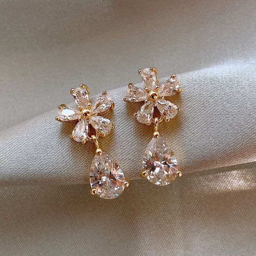 Flower CZ Dangle Earrings, Crystal Bling Earrings, Clear Quartz Earrings | C9F15