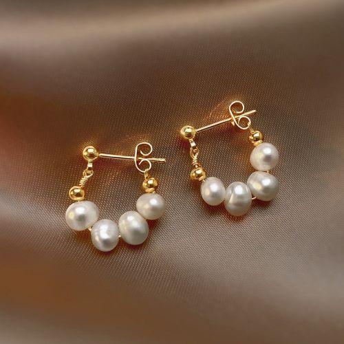 Freshwater Pearl Gold Earrings, Donut Hoop Earrings, Pearl Beads Earrings | HE608