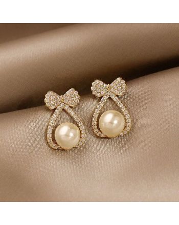 Rhinestone Bow Earrings,Pearl Bow Studs, Cute Tiny Ribbon Studs | D3006