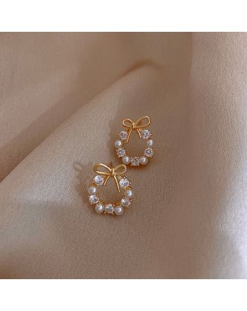 CZ Pearl Stud Earrings, Tiny Bow Studs, French Earrings, Daughter Gifts | D3056