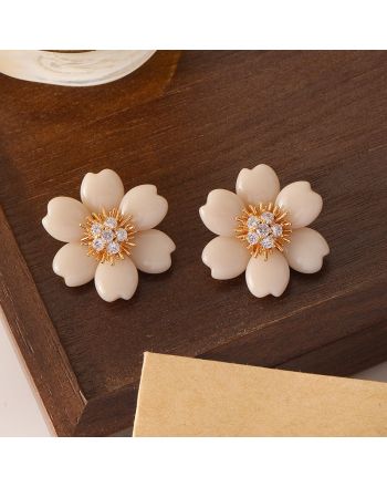 Light Luxury Beige Flower Earrings with Zircon | DMS319